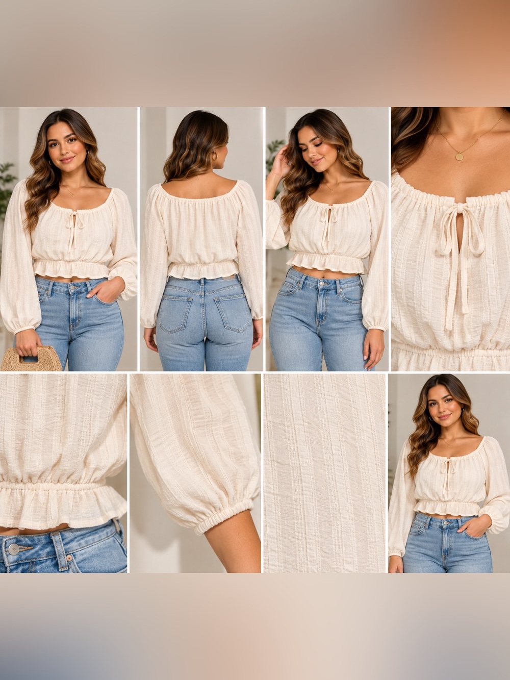 LUSH Cream Textured Long Sleeve Peasant Crop Top Size M NWT